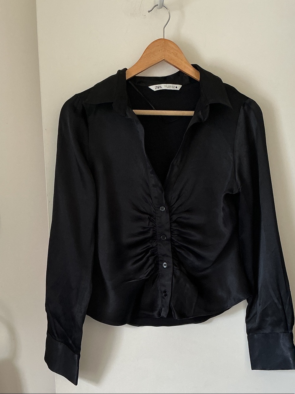 Zara Black Satin Ruched Button-Down Shirt